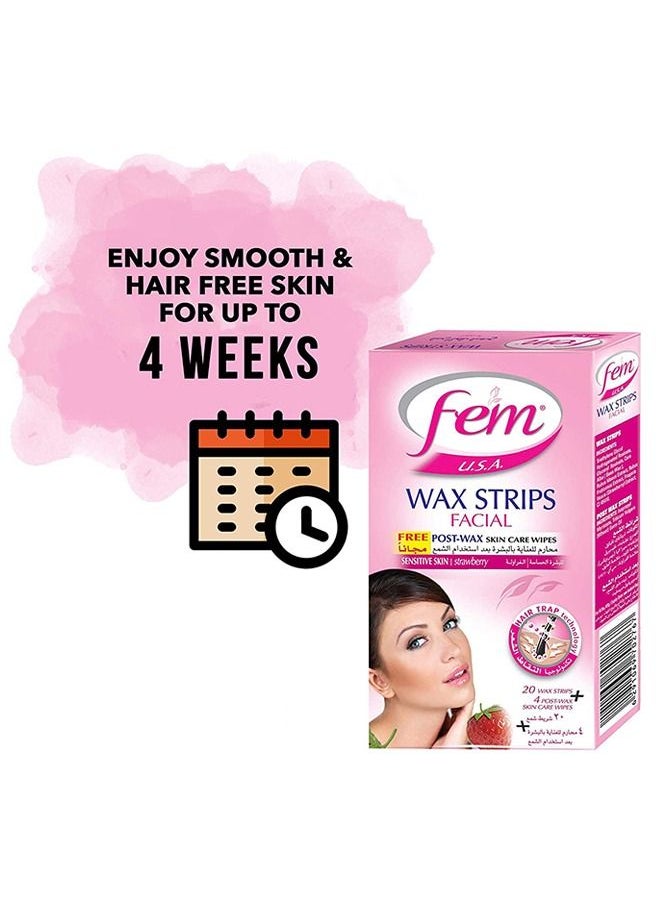 fem - FEM USA Facial Wax Strips | Enriched With Strawberry | For Sensitive Skin - 20 strips With Post-wax skin wipes - Image 1