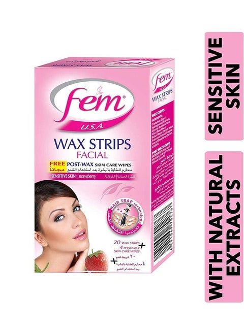 FEM USA Facial Wax Strips | Enriched With Strawberry | For Sensitive Skin - 20 strips With Post-wax skin wipes