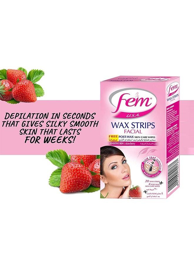 fem - FEM USA Facial Wax Strips | Enriched With Strawberry | For Sensitive Skin - 20 strips With Post-wax skin wipes - Image 1