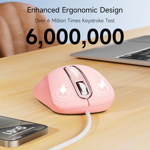 memzuoix Wired Mouse, USB Computer Mouse 1400 DPI Mobile Optical Mouse Ergonomic Design Computer Mice with 5FT Cord for Laptop, PC, Desktop, MacBook, 5 Buttons (Pink) - Image 4