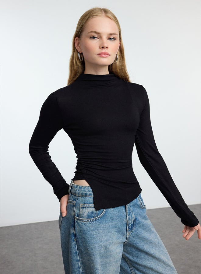 trendyol Black Fitted Ruffle/Drape Detailed High Collar Knitted Blouse TWOAW25BZ00145 - Image 1