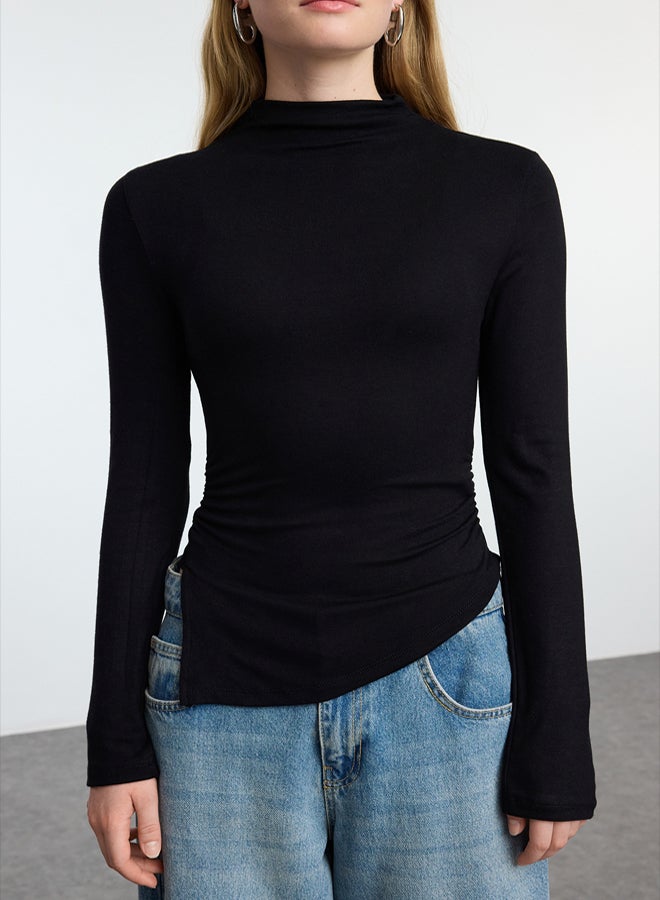 trendyol Black Fitted Ruffle/Drape Detailed High Collar Knitted Blouse TWOAW25BZ00145 - Image 3