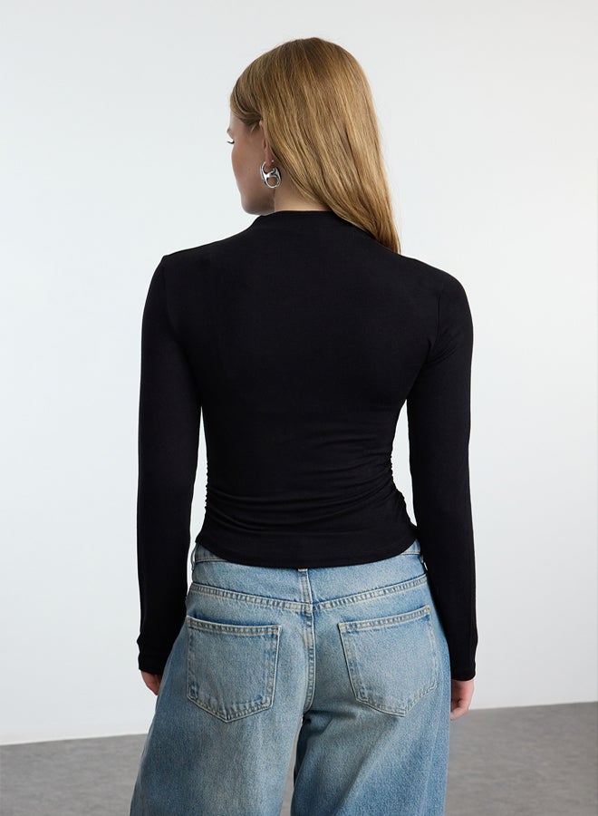 trendyol Black Fitted Ruffle/Drape Detailed High Collar Knitted Blouse TWOAW25BZ00145 - Image 5