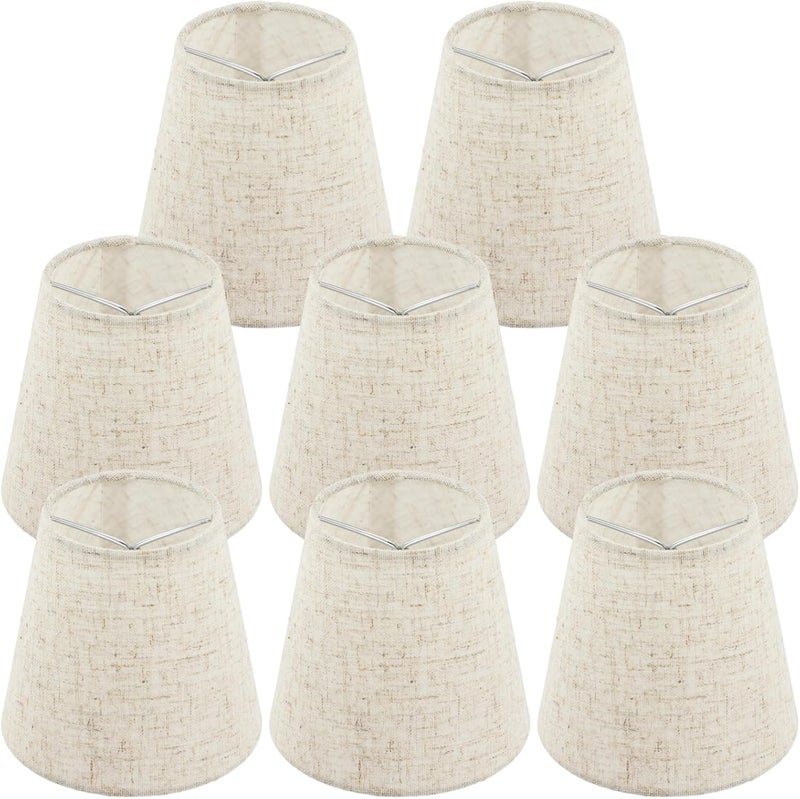 Lnrueg Set of 8 Chandelier Lamp Shades 5 Inch, Mini Barrel Lampshades Clip On for Table Lamp Wall Lamp Replacement, Natural Linen Mini Lamp Shade, 3.5x5x5.5in (Top Height Bottom) - Image 1