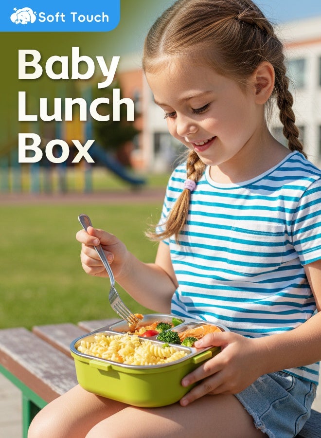 Soft Touch 650ml Stainless Steel Baby Lunch Box, Toddler Bento Box with Handle, Baby Food Container with Lid, Kids Snack Box with Sauce Cup and Spoon for School Travel Home (Green) - Image 2