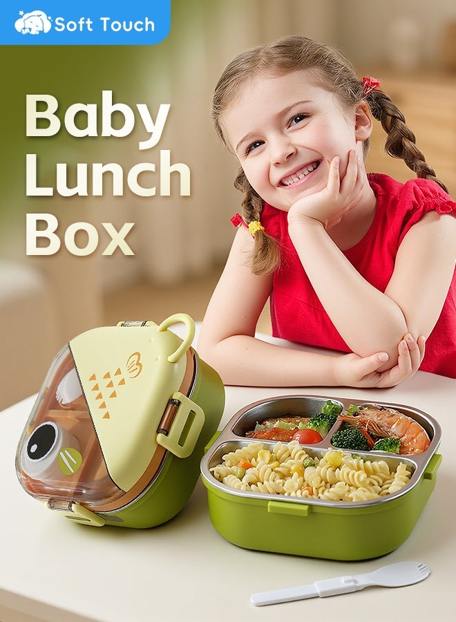 Soft Touch 650ml Stainless Steel Baby Lunch Box, Toddler Bento Box with Handle, Baby Food Container with Lid, Kids Snack Box with Sauce Cup and Spoon for School Travel Home (Green) - Image 1