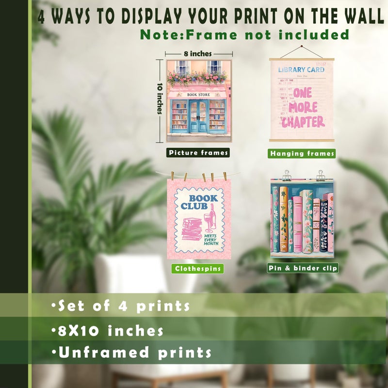 LUKIPOM Fantasy Book Store Club Wall Art Posters Set of 4, Reading Nook Corner Room Decor, Vintage Pink Bookish Canvas Prints Artwork Wall Decor for Home Library Classroom, 8x10 Unframed - Image 2