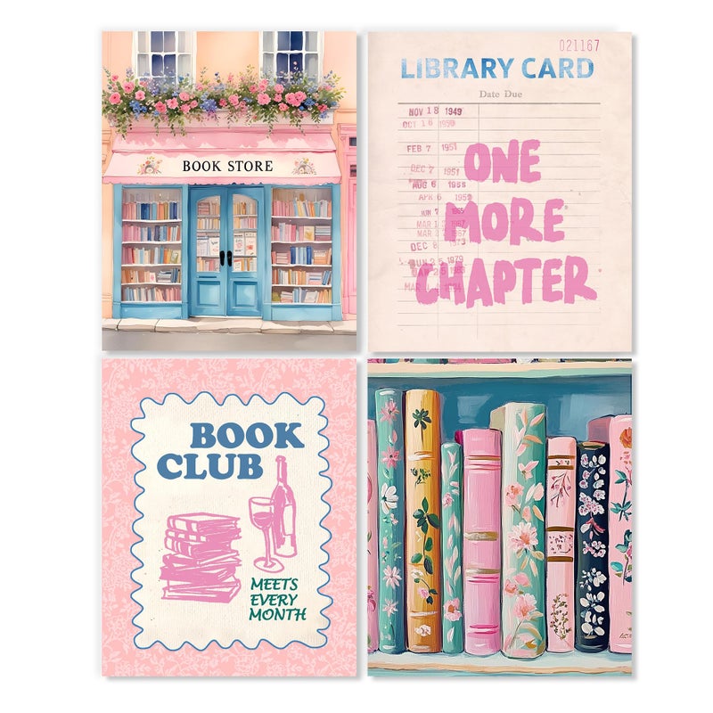 LUKIPOM Fantasy Book Store Club Wall Art Posters Set of 4, Reading Nook Corner Room Decor, Vintage Pink Bookish Canvas Prints Artwork Wall Decor for Home Library Classroom, 8x10 Unframed - Image 1