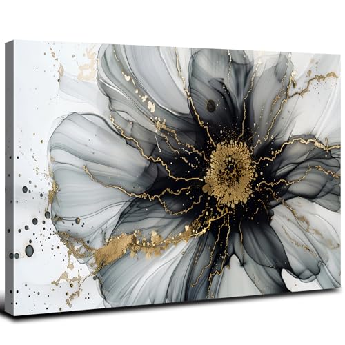 AREBOLO Black and White Abstract Wall Art Flower Wall Decor for Bathroom Living Room Modern Marble Picture Canvas Prints Painting Minimalist Watercolor Fluid Textured Poster Artwork Home Decorations 12x16 - Image 1