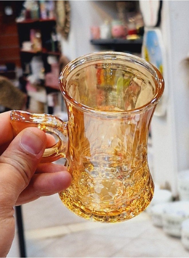 طقم استكانة زجاج  بالطبق 12 قطعه ..لون عسلي ..6 استكانه باليد ..6 طبق حامل للاستكانه  - Image 5