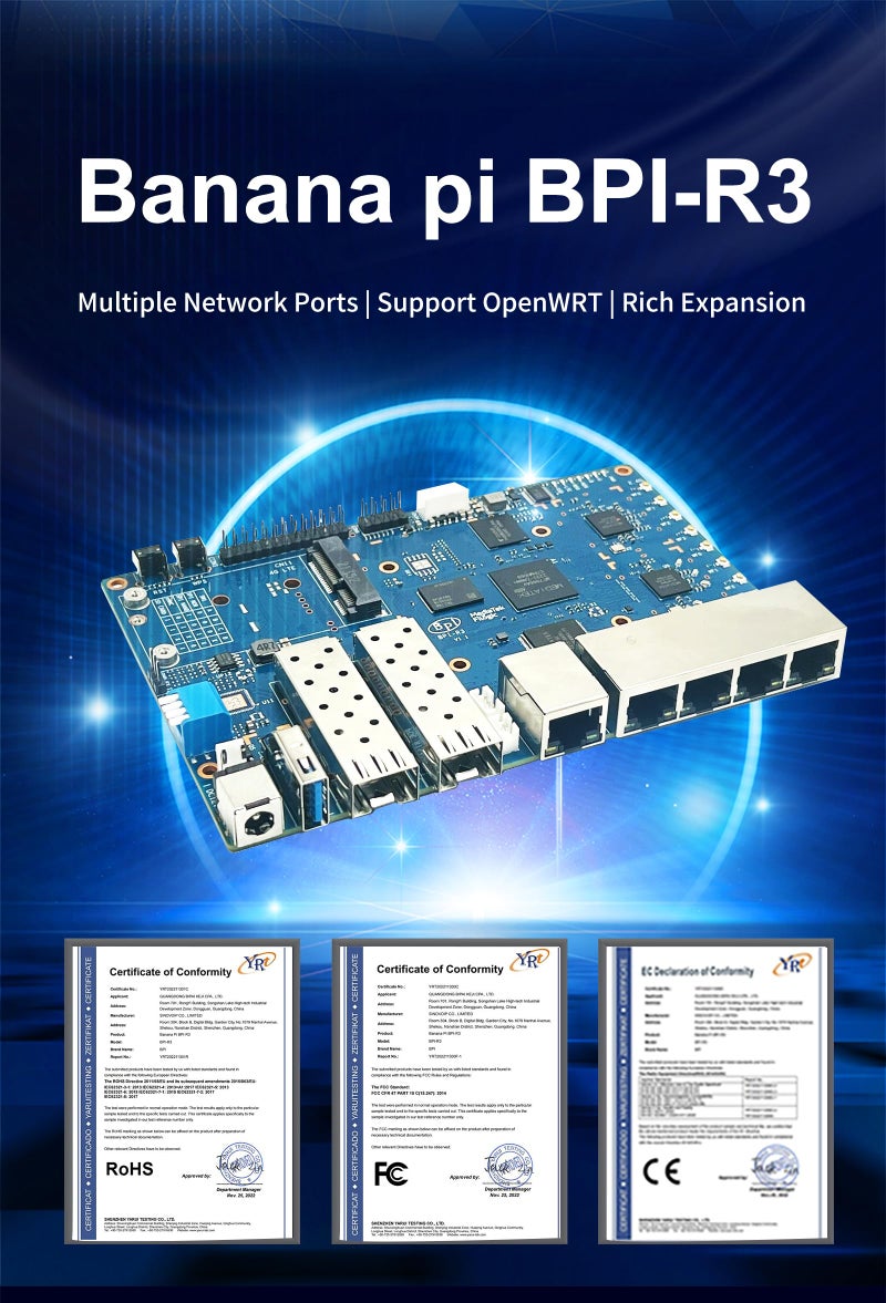 youyeetoo BPI-R3 WiFi 6 Router Development Board with MediaTek MT7986 Chip 2GB DDR RAM, 8GB eMMC Flash, Dual GbE LAN for IoT Router Projects, M.2 Key-E PCIe Interface (Banana pi R3 Router Board Kits) - Image 3