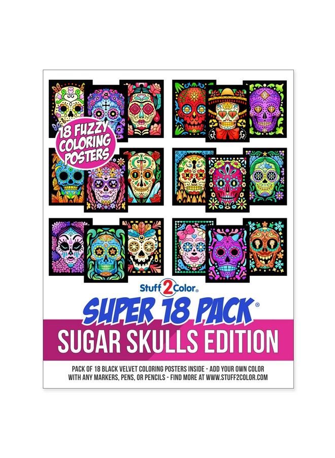 Stuff2Color Super Pack Of 18 Fuzzy Velvet Coloring Posters (Sugar Skulls Edition) Great Kid Friendly Halloween Day Of The Dead Dia De Los Muertos Arts And Craft Activity [Girls Boys Toddlers Teens Adults] - Image 2