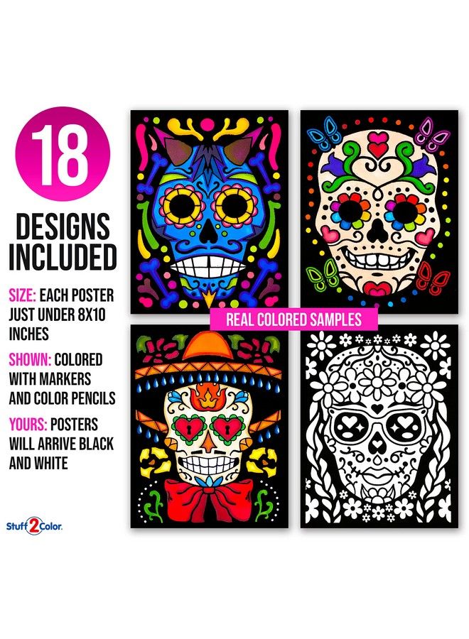 Stuff2Color Super Pack Of 18 Fuzzy Velvet Coloring Posters (Sugar Skulls Edition) Great Kid Friendly Halloween Day Of The Dead Dia De Los Muertos Arts And Craft Activity [Girls Boys Toddlers Teens Adults] - Image 3