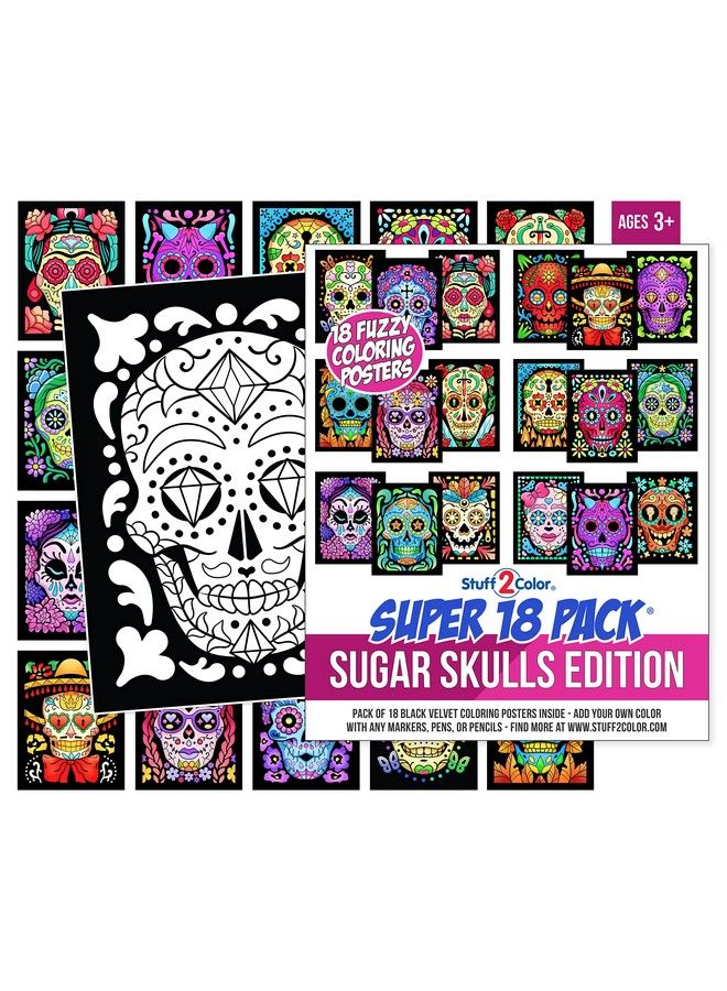 Stuff2Color Super Pack Of 18 Fuzzy Velvet Coloring Posters (Sugar Skulls Edition) Great Kid Friendly Halloween Day Of The Dead Dia De Los Muertos Arts And Craft Activity [Girls Boys Toddlers Teens Adults] - Image 5