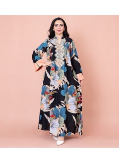 اكسا جلابية مطرزة نقوش ورق شجر IN1032 اسود  - Image 1
