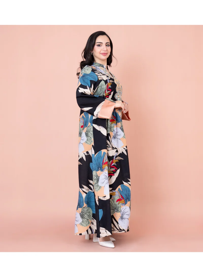 IKKXA Embroidered Leaf Blossom Jalabiya IN1032 Black