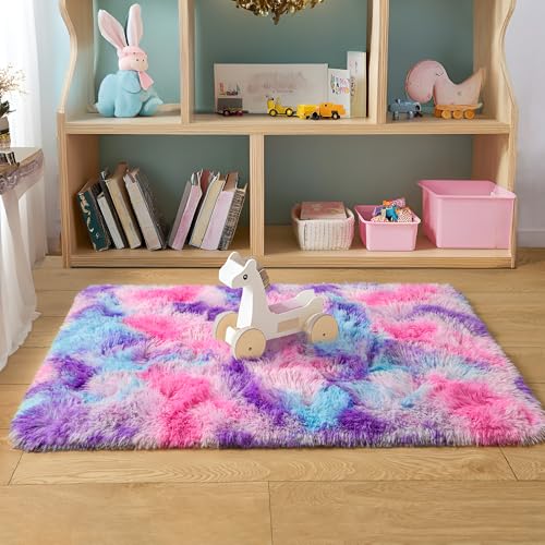 Tepook Soft Rainbow Rug for Girls Room Cute Fluffy Girls Bedroom Rugs 2x3 Feet Shaggy Princess Rug Colorful Carpet for Kids Teens Toddler Playroom Nursery Reading Nook Hot Pink - Image 1