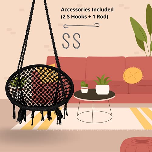 Curio Centre Make in India Premium D Shape Cotton Swing for Home & Balcony Hammock Chair with Hanging Accessories/Swing Chair Balcony/Swing Chair for Indoor for Outdoor (Black) - Image 2