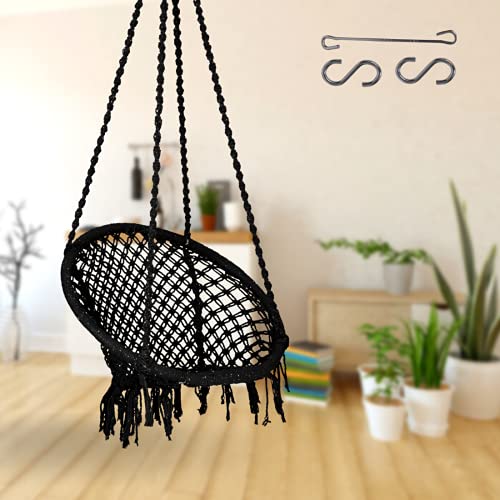 Curio Centre Make in India Premium D Shape Cotton Swing for Home & Balcony Hammock Chair with Hanging Accessories/Swing Chair Balcony/Swing Chair for Indoor for Outdoor (Black) - Image 1