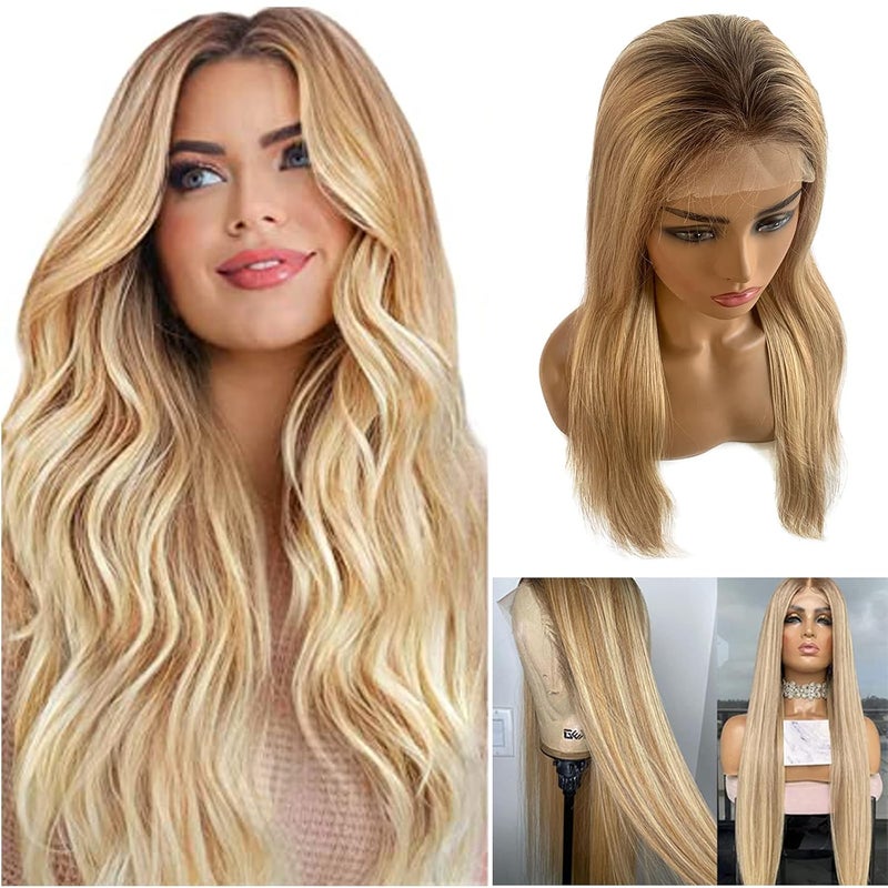 Highlight Blonde Lace Front Wigs Human Hair134 Transparent Ombre Lace Front Wigs Medium Brown with Golden Blonde Highlights Silky Straight Remy Lace Front Wigs Human Hair Pre Plucked with Baby Hair