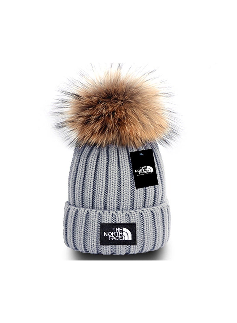 The North Face Knitted Beanie with Real Fur Pom - Grey, Warm and Stylish