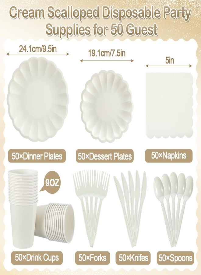 Newtay 350 Pcs Scalloped Paper Plates Shell Edge Disposable Tableware Cocktail Napkins Cups Plastic Spoons Forks Knives for Wedding Baby Shower Picnic Birthday Party Supply for 50 Guests (Cream White) - Image 2