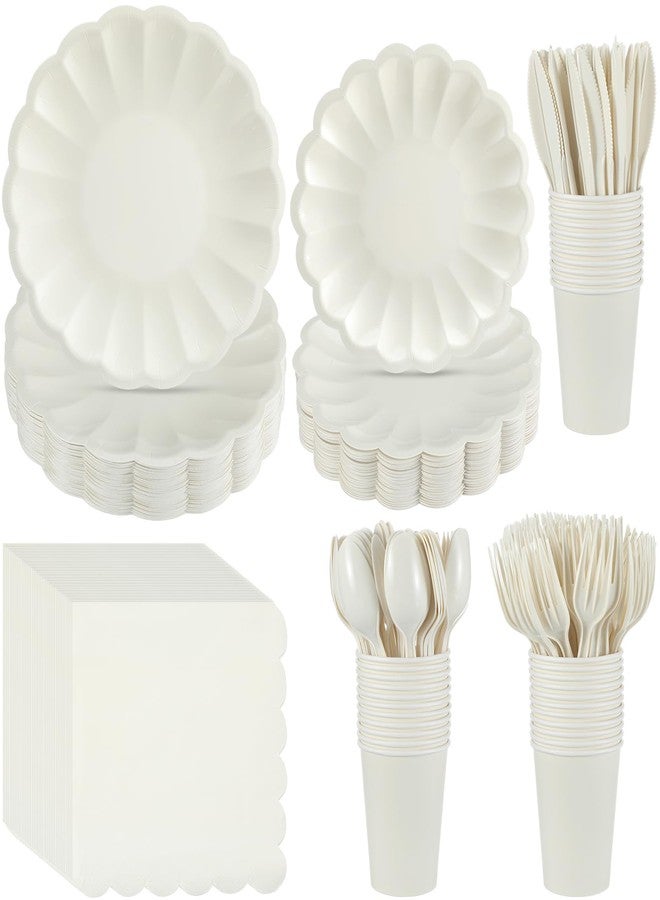 Newtay 350 Pcs Scalloped Paper Plates Shell Edge Disposable Tableware Cocktail Napkins Cups Plastic Spoons Forks Knives for Wedding Baby Shower Picnic Birthday Party Supply for 50 Guests (Cream White) - Image 1