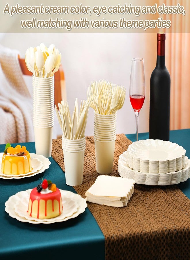 Newtay 350 Pcs Scalloped Paper Plates Shell Edge Disposable Tableware Cocktail Napkins Cups Plastic Spoons Forks Knives for Wedding Baby Shower Picnic Birthday Party Supply for 50 Guests (Cream White) - Image 4