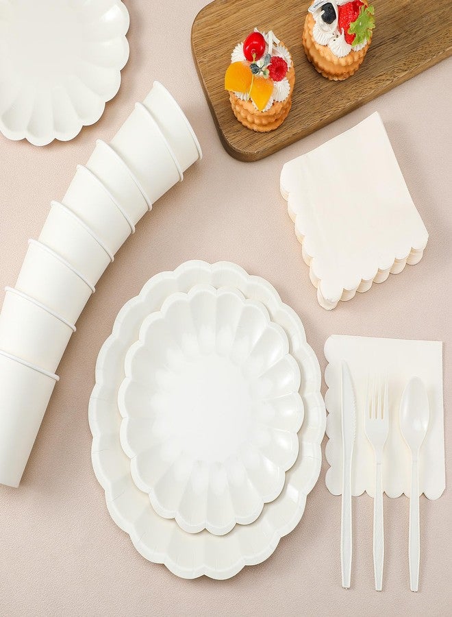 Newtay 350 Pcs Scalloped Paper Plates Shell Edge Disposable Tableware Cocktail Napkins Cups Plastic Spoons Forks Knives for Wedding Baby Shower Picnic Birthday Party Supply for 50 Guests (Cream White) - Image 3