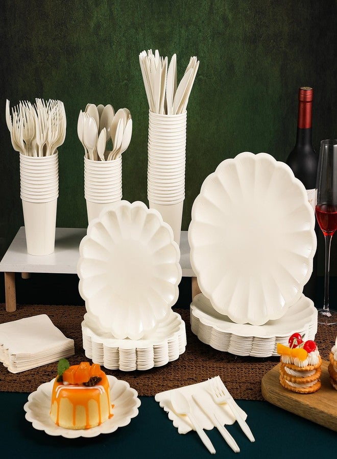 Newtay 350 Pcs Scalloped Paper Plates Shell Edge Disposable Tableware Cocktail Napkins Cups Plastic Spoons Forks Knives for Wedding Baby Shower Picnic Birthday Party Supply for 50 Guests (Cream White) - Image 5
