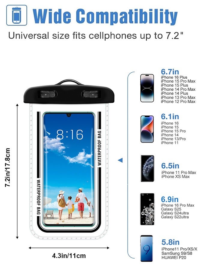 بشكل مختصر حافظة هاتف المطهرة من 2 قطع – معتمدة IPX8، كيس مُطهرة لـ 30 متر تحت الماء لجهازي هاتف كبير بحجم يصل إلى 7.2 بوصة؛ متوافقة مع أجهزة iPhone 17/16/15/14/13 Series، و Samsung Galaxy S25/S24/S23/S24 Ultra/FE، و Google Pixel 10/9/8 (أسود) - Image 2