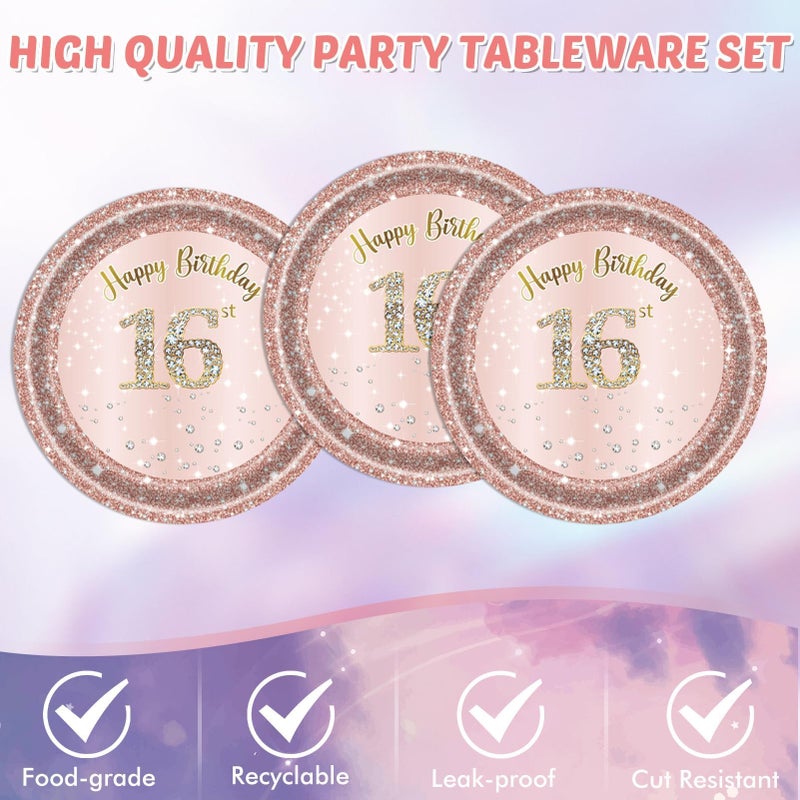 SNIMICS 16th Birthday Decorations for Girls Rose Gold Sweet 16 Birthday Party Decoration for Her 16th Happy Birthday Plates and Napkins Tablecloth Decoration for Girls - Image 5