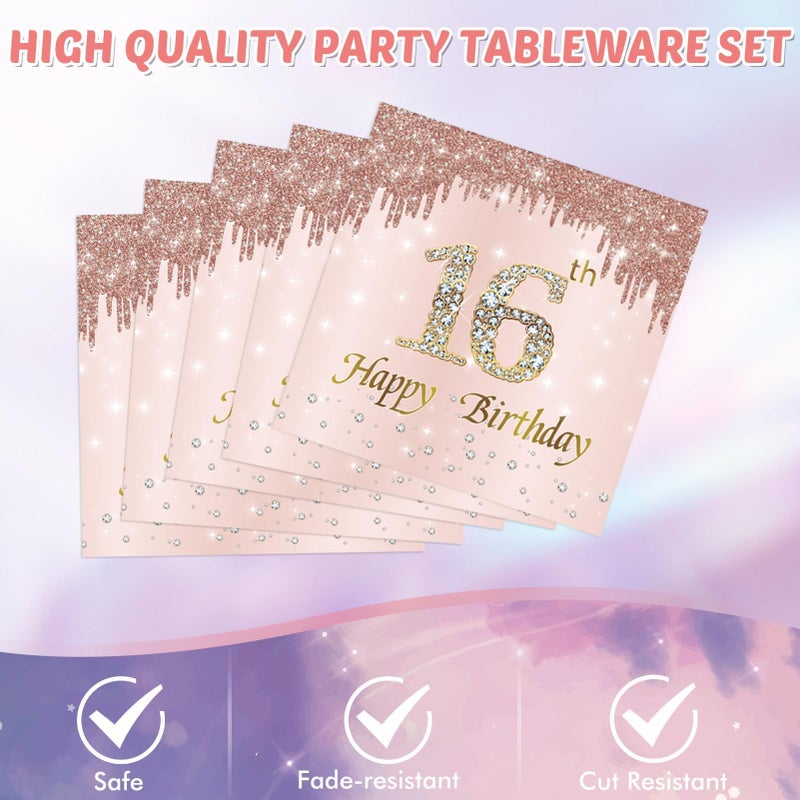 SNIMICS 16th Birthday Decorations for Girls Rose Gold Sweet 16 Birthday Party Decoration for Her 16th Happy Birthday Plates and Napkins Tablecloth Decoration for Girls - Image 4