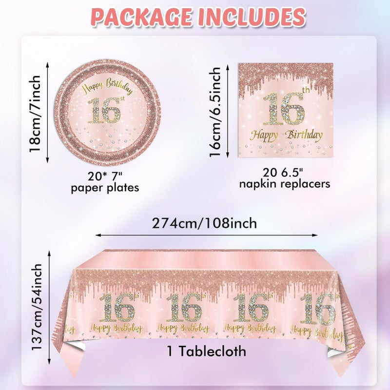 SNIMICS 16th Birthday Decorations for Girls Rose Gold Sweet 16 Birthday Party Decoration for Her 16th Happy Birthday Plates and Napkins Tablecloth Decoration for Girls - Image 2