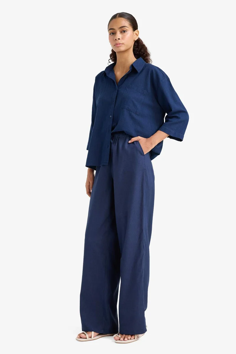 ديفاكتو Wide Leg Double Pocket Linen Blended Trousers