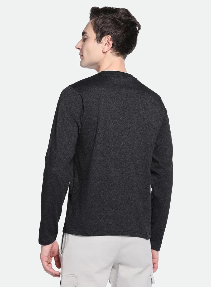 دينيس لينغو Dark Grey Slim Fit Henley Neck T-shirt for Men - 100% Cotton, Full Sleeve, Casual
