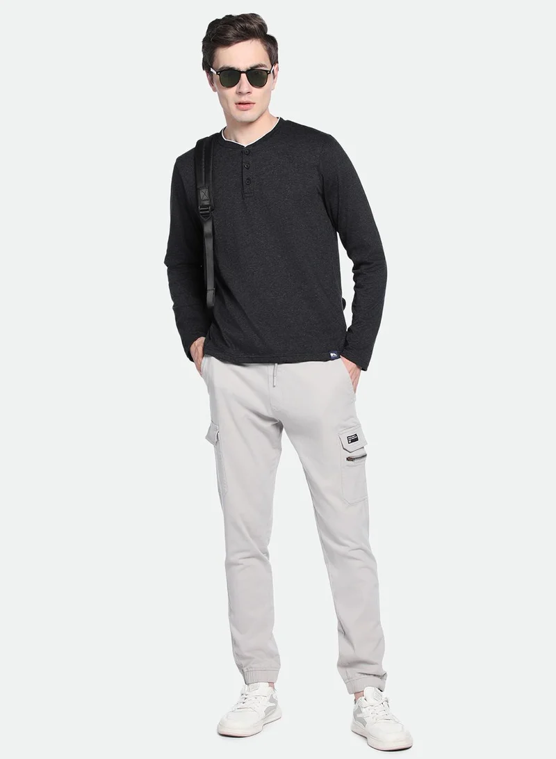 دينيس لينغو Dark Grey Slim Fit Henley Neck T-shirt for Men - 100% Cotton, Full Sleeve, Casual
