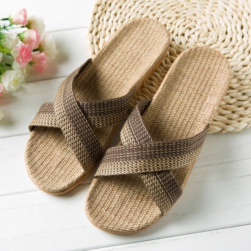 Linen Slippers Home Couple Indoor Wood Floor Home Non-slip Thick Bottom Slippers for Men and Women Summer Slippers Wholesale Cross Coffee