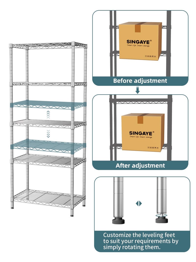 SINGAYE 5 Tier Storage Garage Shelving Units Heavy Duty Wire Shelves Pantry Metal for Pantry Closet Kitchen Laundry Bathroom Organizers Shelf Home Shop Rack 14" Dx 24" W x 59.5" H Silver - Image 4