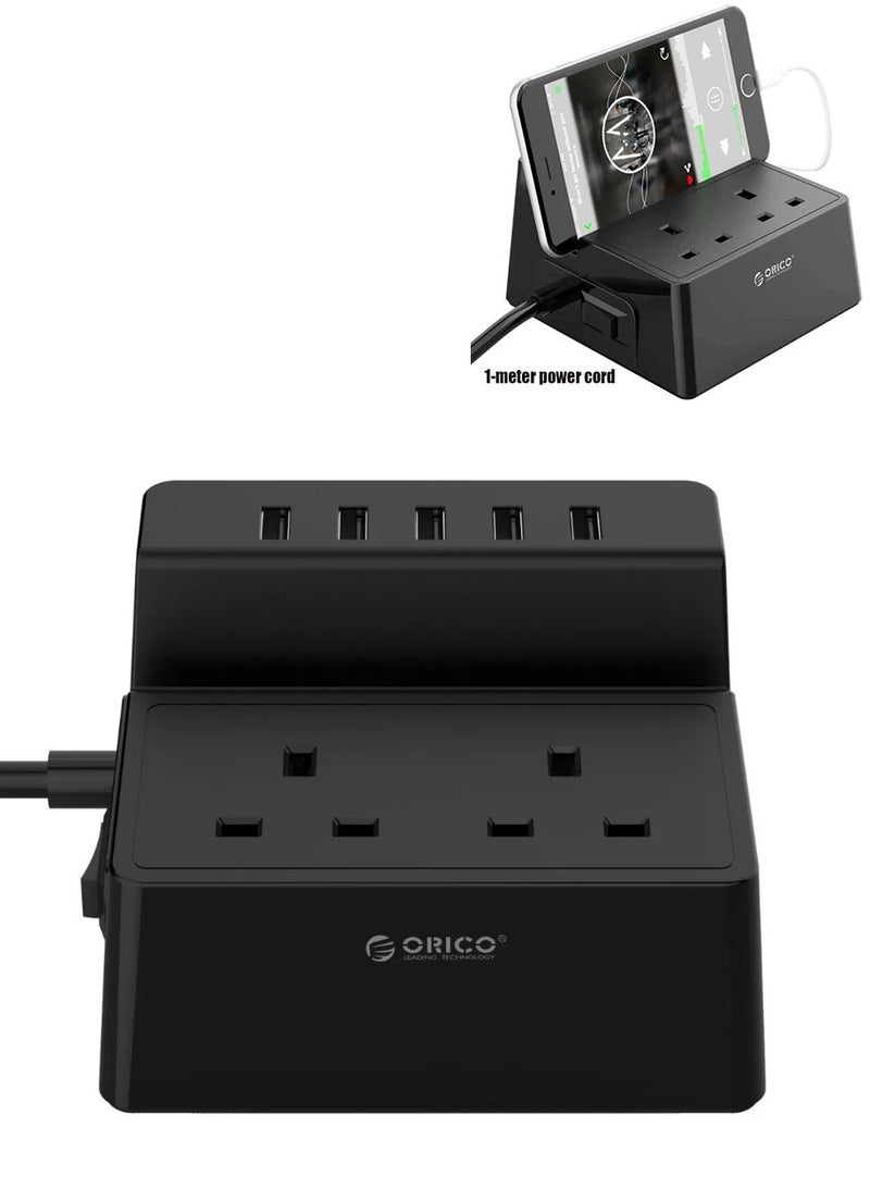 أوريكو لوحة طاقة بمعيار بريطاني تحتوي على مقبسين كهربائيين، و5 منافذ USB، وسلك طاقة بطول متر واحد، يمكن استخدامها كحامل هاتف محمول. - Image 1