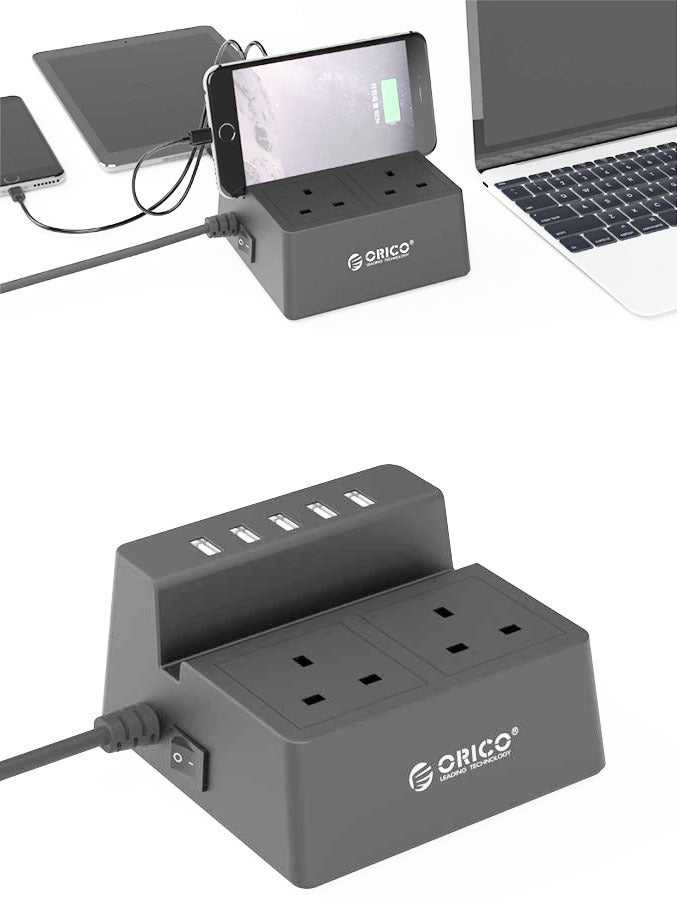 أوريكو لوحة طاقة بمعيار بريطاني تحتوي على مقبسين كهربائيين، و5 منافذ USB، وسلك طاقة بطول متر واحد، يمكن استخدامها كحامل هاتف محمول. - Image 5