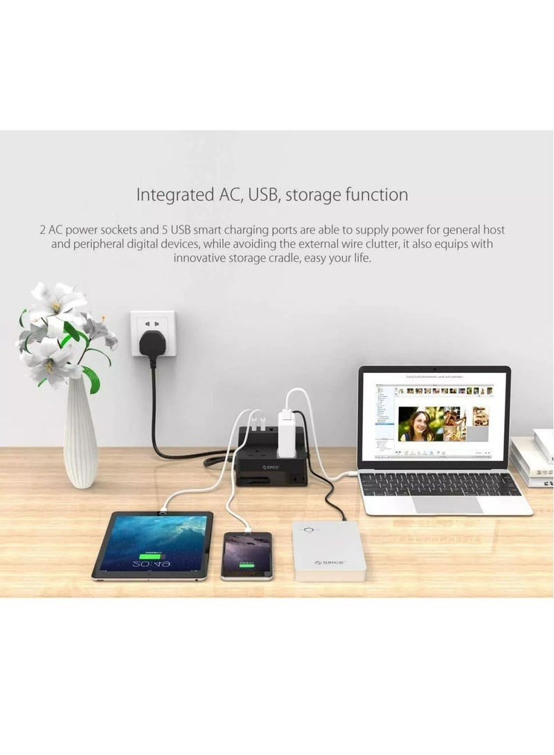 أوريكو لوحة طاقة بمعيار بريطاني تحتوي على مقبسين كهربائيين، و5 منافذ USB، وسلك طاقة بطول متر واحد، يمكن استخدامها كحامل هاتف محمول. - Image 2