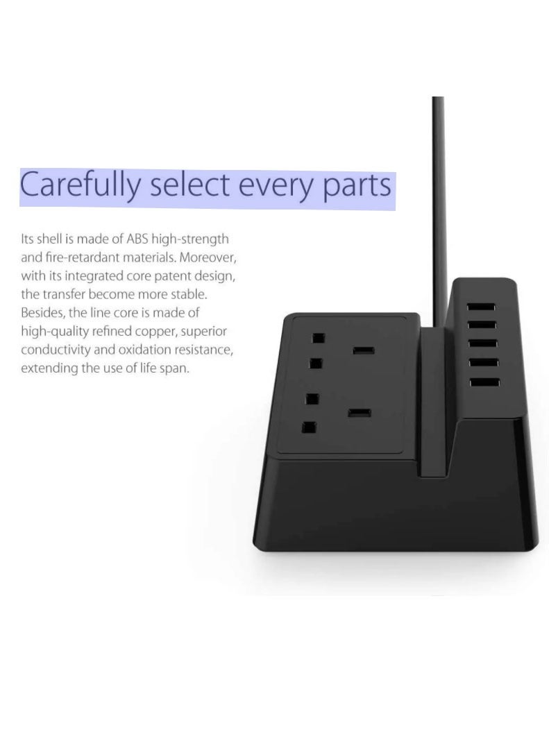 أوريكو لوحة طاقة بمعيار بريطاني تحتوي على مقبسين كهربائيين، و5 منافذ USB، وسلك طاقة بطول متر واحد، يمكن استخدامها كحامل هاتف محمول. - Image 3