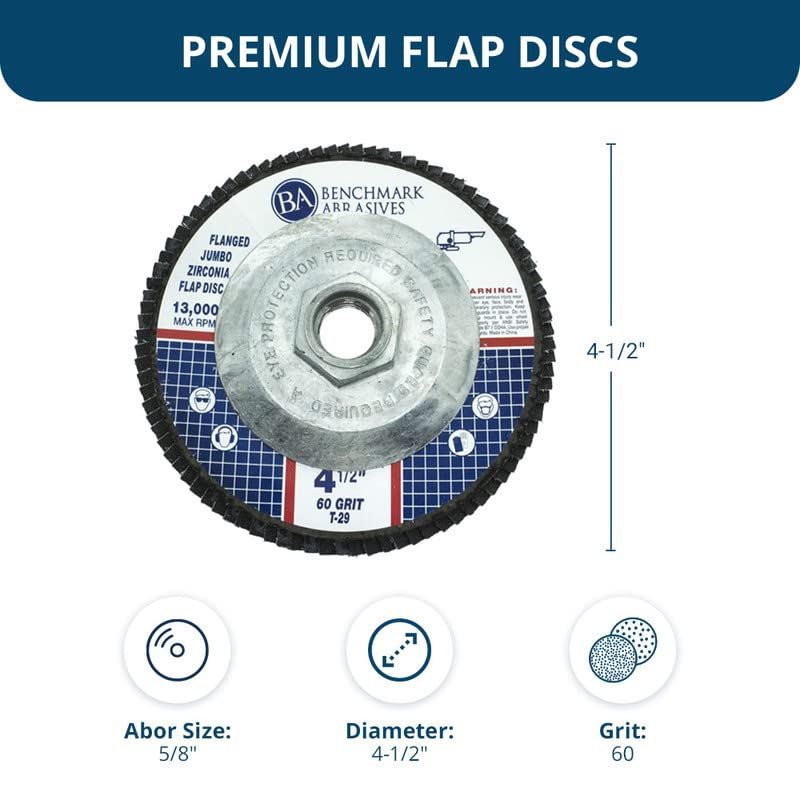 Benchmark Abrasives 4.5" x 5/8"-11 Premium High Density Jumbo Zirconia Type 29 Flap Discs 4 1/2 for Angle Grinder, Sanding Discs, Finishing - Grinding Wheels 4 1/2 Inch (10 Pack) - 60 Grit - Image 5