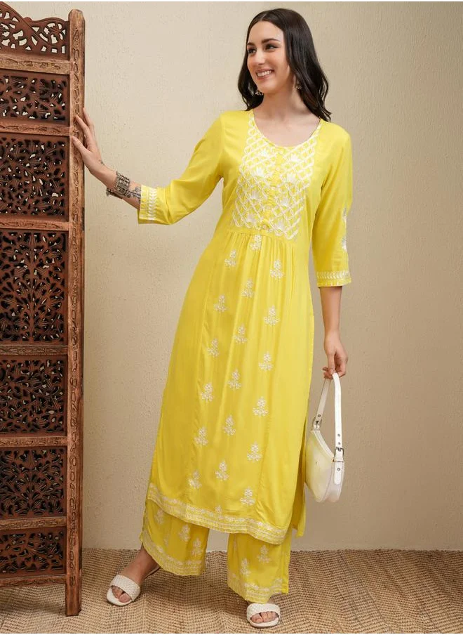 Vishudh Floral Embroidered Thread Work Straight Kurta & Palazzos Set