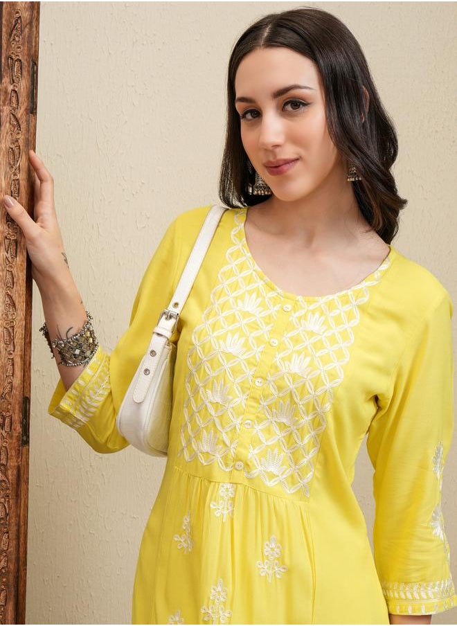 Vishudh Floral Embroidered Thread Work Straight Kurta & Palazzos Set by Styli  - Image 1