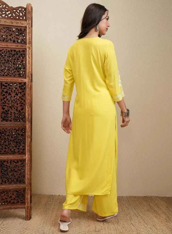 Vishudh Floral Embroidered Thread Work Straight Kurta & Palazzos Set by Styli