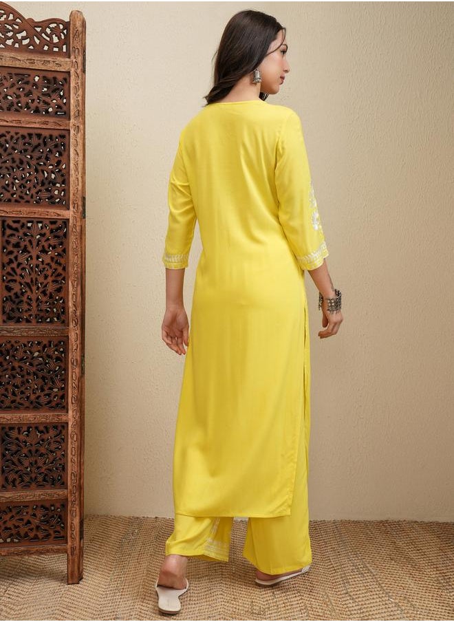 Vishudh Floral Embroidered Thread Work Straight Kurta & Palazzos Set by Styli  - Image 3