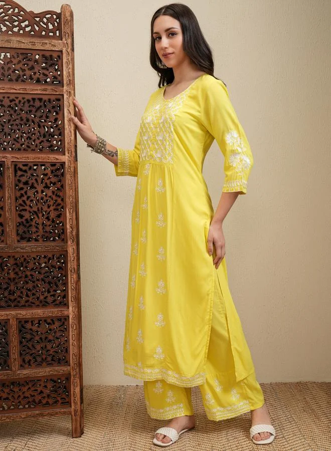 Vishudh Floral Embroidered Thread Work Straight Kurta & Palazzos Set by Styli