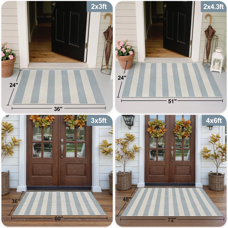 OJIA Front Door Mats Outdoor 24"x36" Machine Washable Indoor Outdoor Rugs Doormat Cotton Woven Entry Rug Striped Small Area Rugs for Front Porch/Bathroom/Farmhouse/Home Entrance (Blue/White/Tan) - Image 3